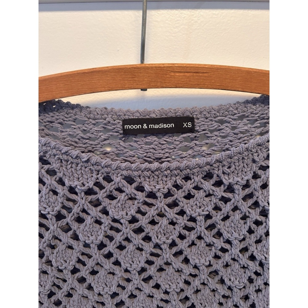 moon & madison Gray Crochet Open-Knit Pullover Sweater Crew Neck XS - Picture 2 of 7